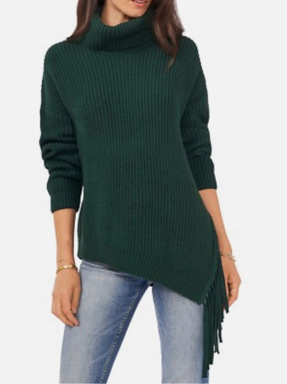 Vince Camuto Turtleneck Fringe Hem Sweater - Dark Green